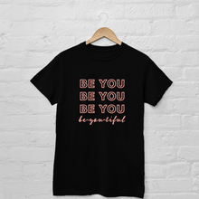 Load image into Gallery viewer, black tee with custom "be-you-tiful" graphic