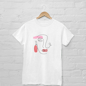 White graphic tee with abstract face design