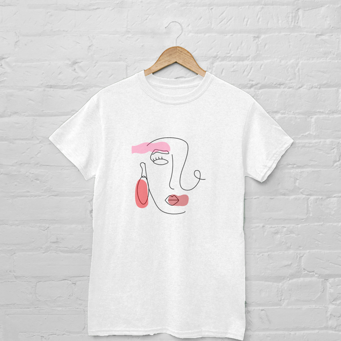 White graphic tee with abstract face design