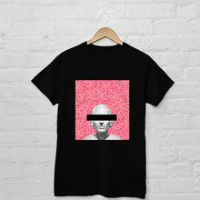 Load image into Gallery viewer, black graphic tee with pink floral background and white statue bust
