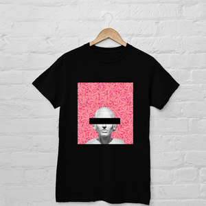 black graphic tee with pink floral background and white statue bust