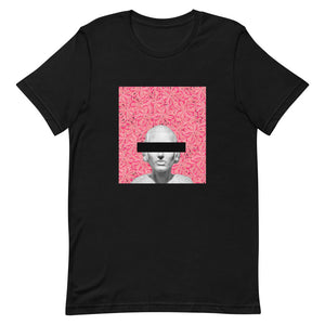 black graphic tee with pink floral background and white statue bust