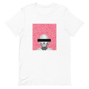 white graphic tee with pink floral background and white statue bust